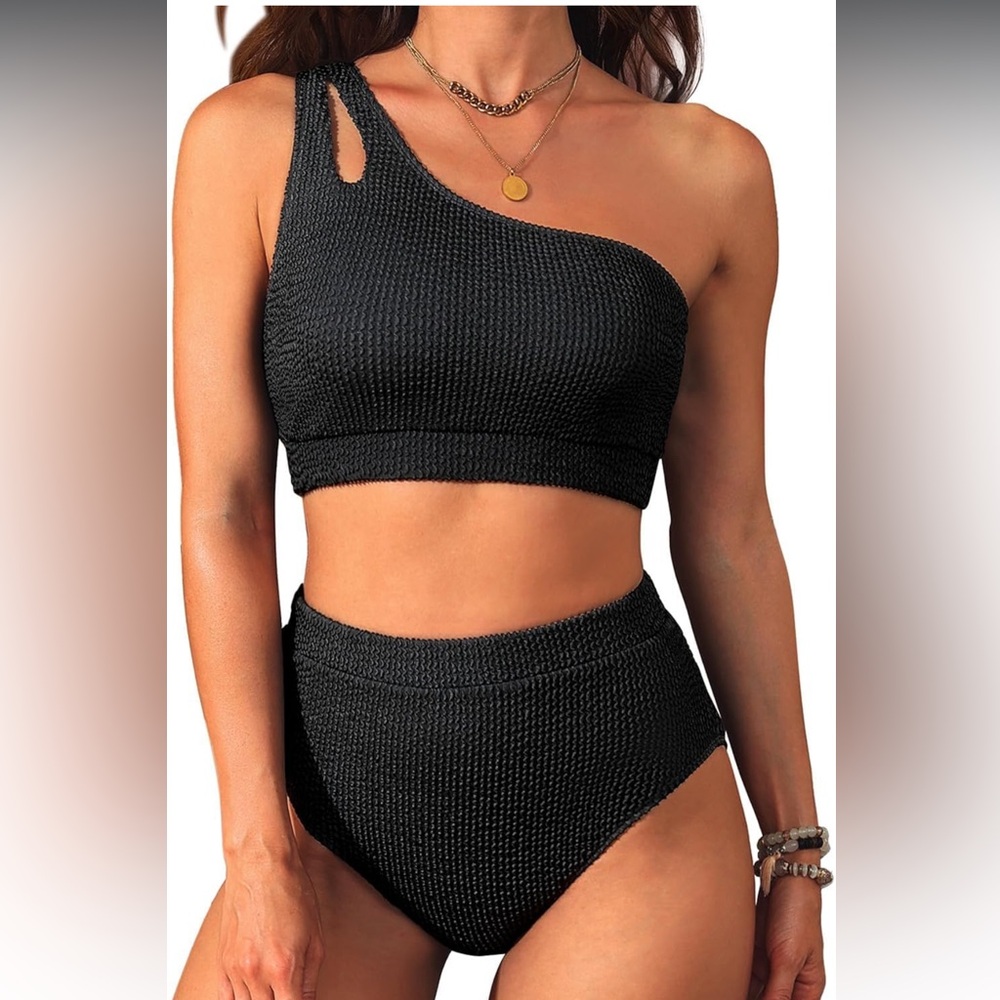 One-Shoulder High Waisted Ribbed Two Piece (black)